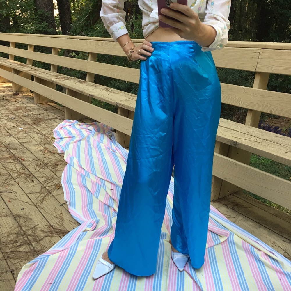 Vintage Blue Satin Wide Leg Pants